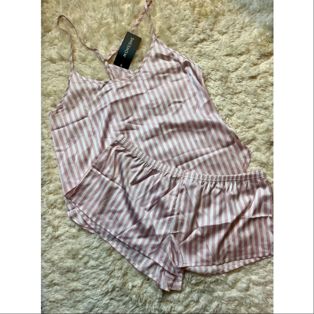 Sheshow Women’s Size Large Pink & White Striped Pajama Shorts Set Loungewear NWT
